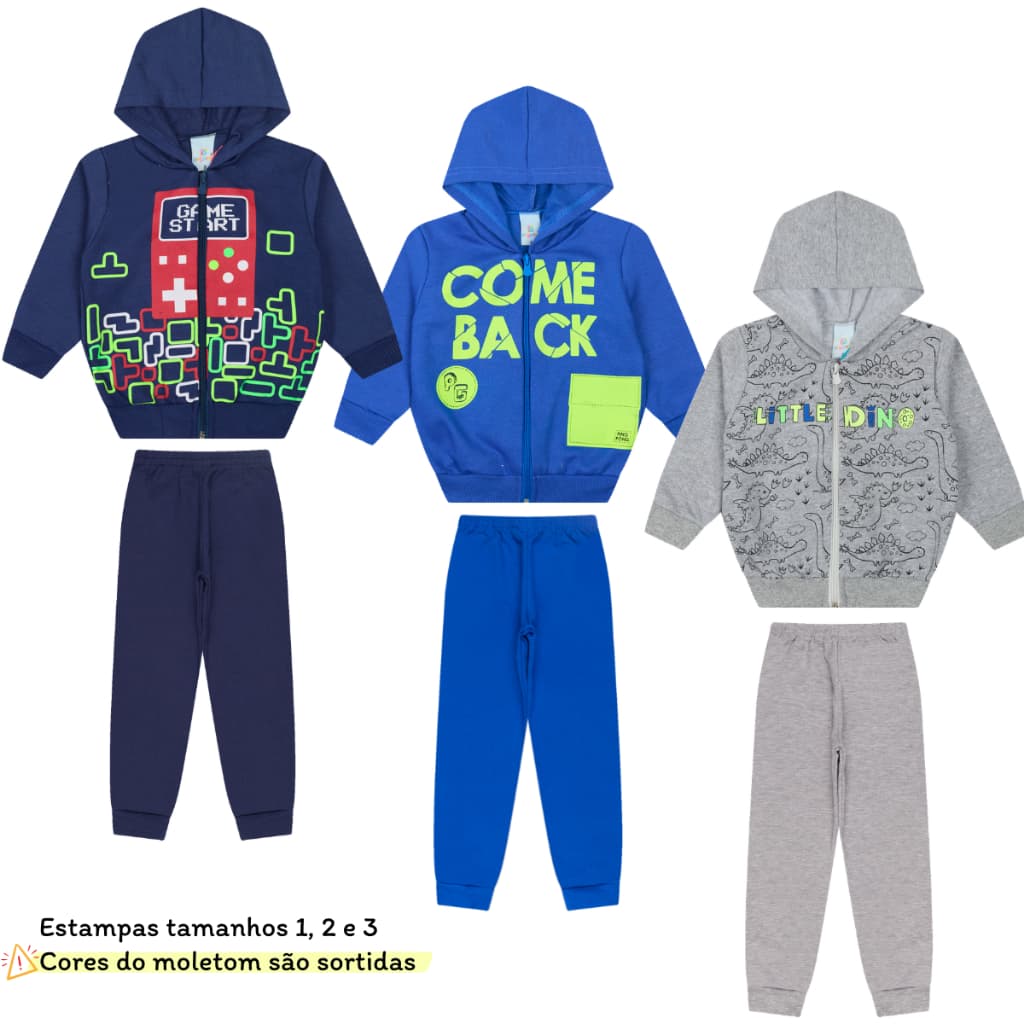 Kit Sortido 3 Conjuntos Infantil Menino Juvenil Masculino em Promoção com Zíper - 3 Casacos + 3 Calças Pelúciadas