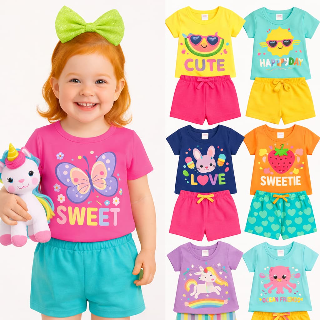 Kit Sortido 4 Peças Roupa Infantil Menina Verão Conjunto Feminino de Bebê Verão Entrega Rápida Moda Infantil Verão