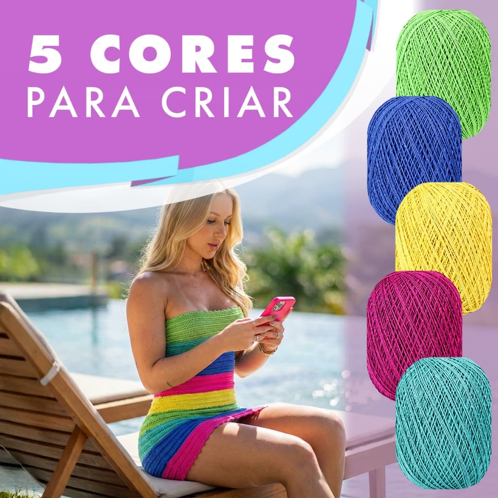 Barbante Malu Kit 05 Cores Verão Vibrantes Para Vestido Virginia Moda Blogueira Crochê 8/4 Tex 295