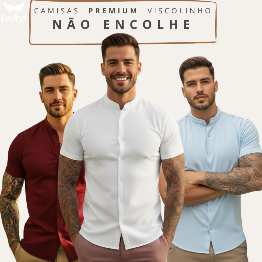 Camisa Masculina Gola Padre Manga Curta Slim Linho Slim