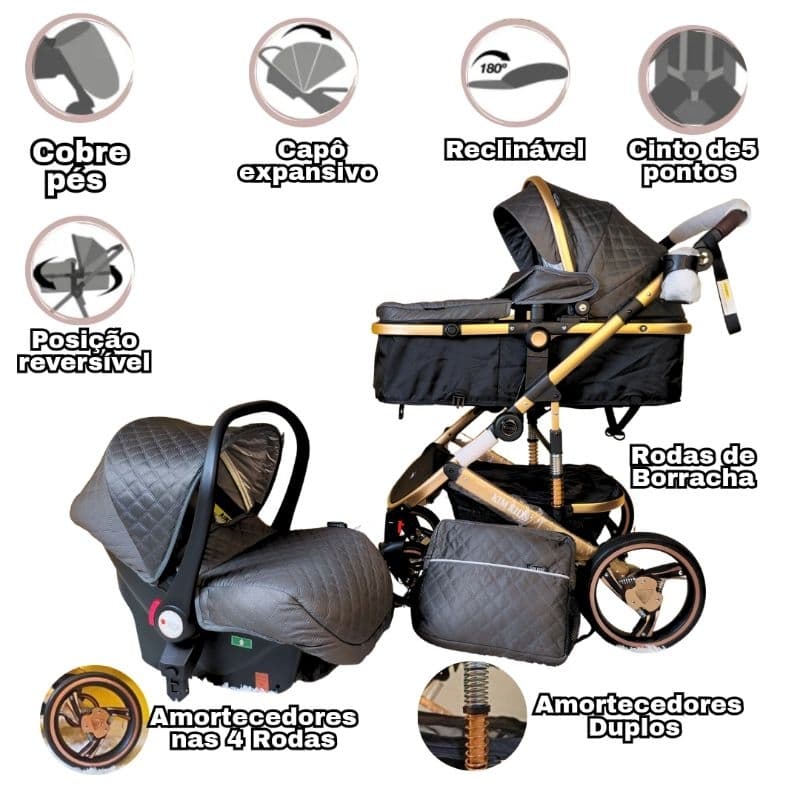 Kit Carrinho Luxo Europeu com bebê conforto acoplável com rodas grandes, amortecedores menino menina