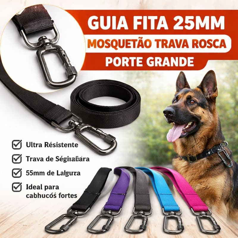 Guia Pet 25mm x 1mt  com Mosquetão Trava Rosca Reforçado – Fita Resistente Segurança para Cães Médio e Grande Porte.