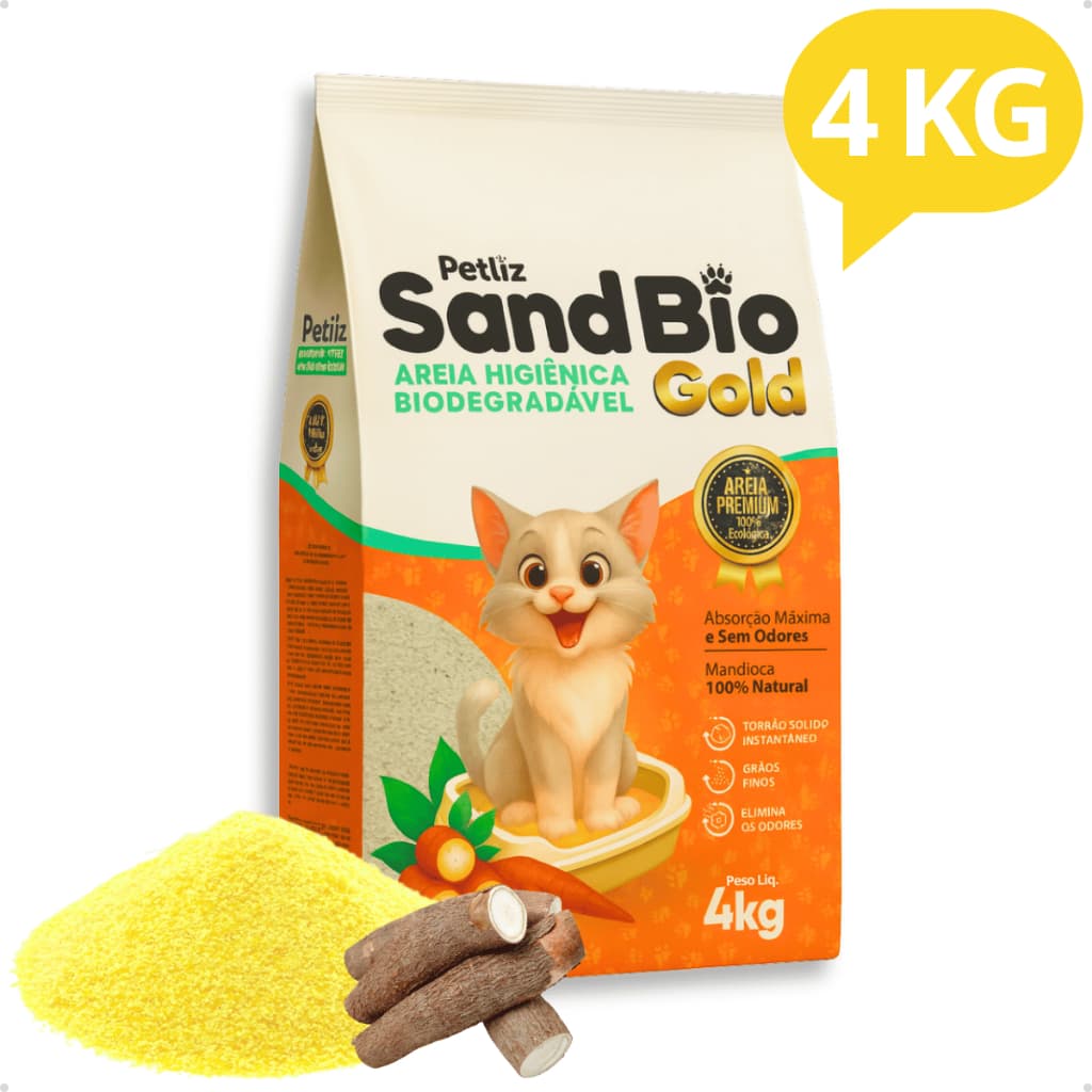 Areia Sanitária Higiénica para Gatos Biodegradável Mandioca Sandbio Gold Grãos Finos Petliz 4 kg
