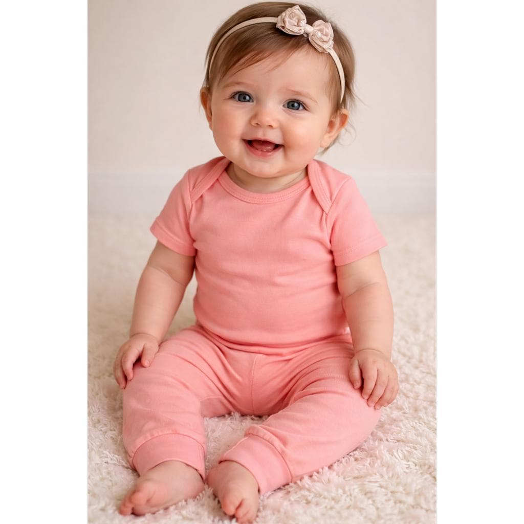 Kit Body Calça Bebe Feminino Liso Rosa Manga Curta Enxoval Recem Nascido Dia Dia