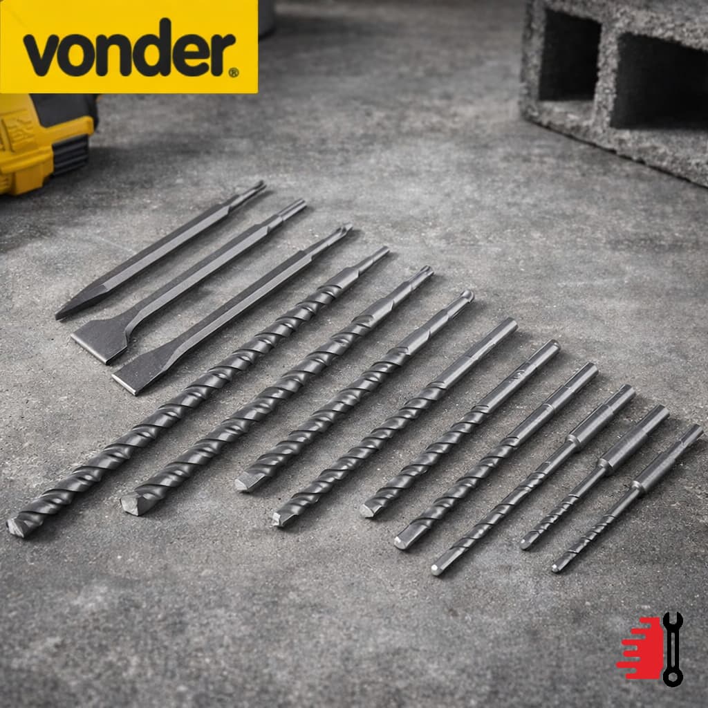 Jogo de Brocas Ponteiro e Talhadeiras Vonder SDS Plus 12 Peças Kit Profissional Completo