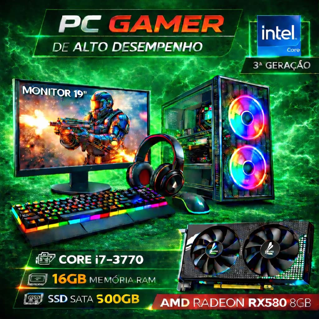 Computador Gamer Completo i7 3770 - 500GB Nvme - 16GB RAM - Placa de Vídeo RX580 - Monitor 19"