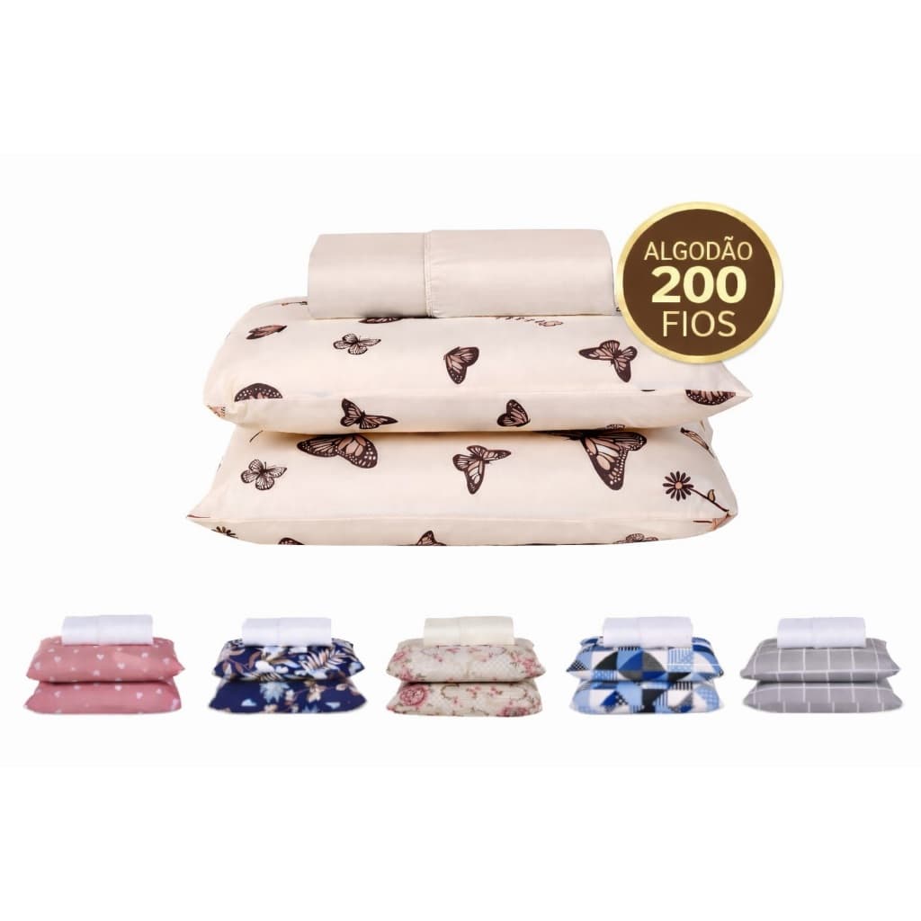 Jogo de Cama Casal 3 Peças Lençol Casal Algodão 200 Fios Lençol ESTAMPADO Lencol Solteiro - Lencol Queen