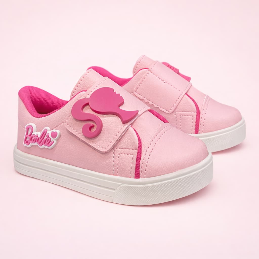 Tênis Infantil Menina Calce Fácil Fita Aderente Personagem Rosa Confortável Leve Macio Delicado