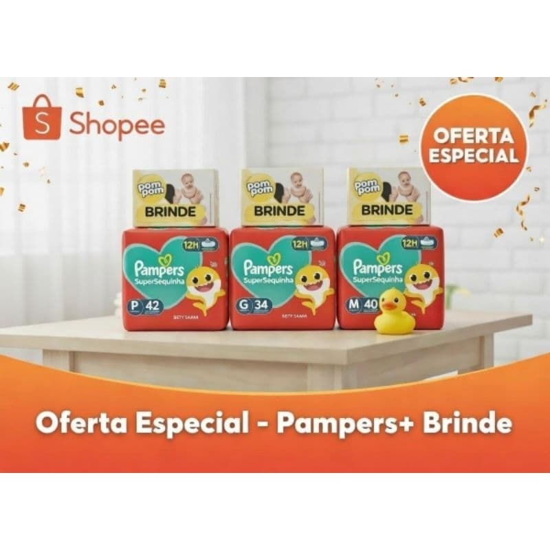 Fralda Pampers, sabonete de brinde.