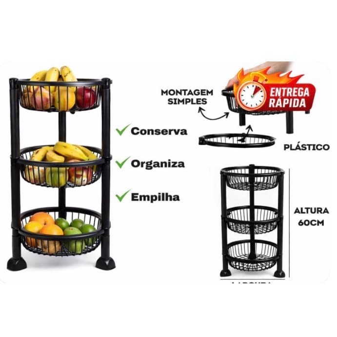 Organizador Multiuso 3 Andares Empilhável fruteira porta Legumes Temperos Cozinha Banheiro Lavanderia