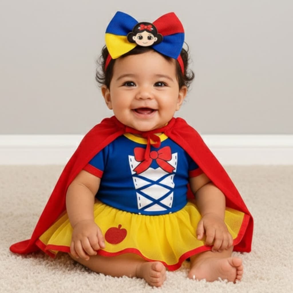 Body Bebê Infantil Menina Branca de Neve Mêsversário Temático Fantasia Confortável Linha Premium
