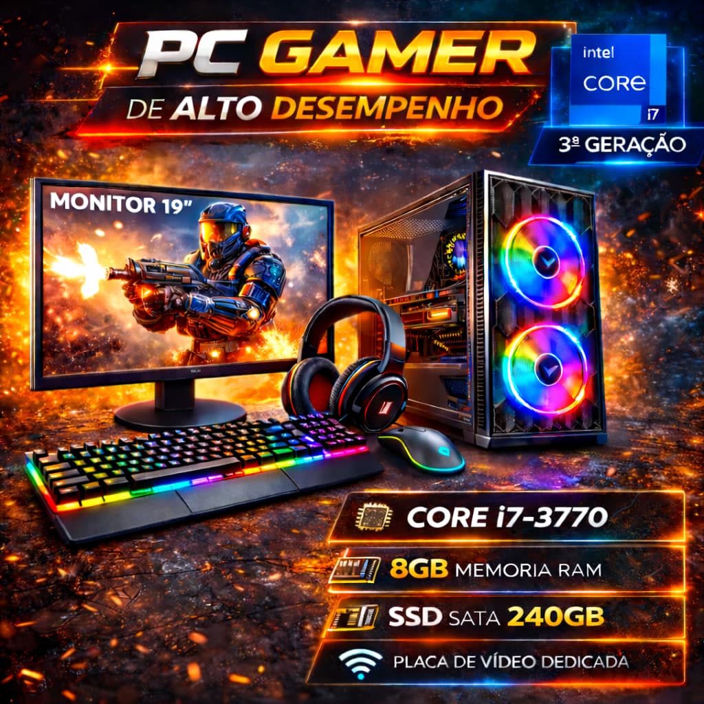 PC Gamer Completo i7 3ª Geração - 8GB RAM - 240GB SSD - Monitor 19" - Periféricos