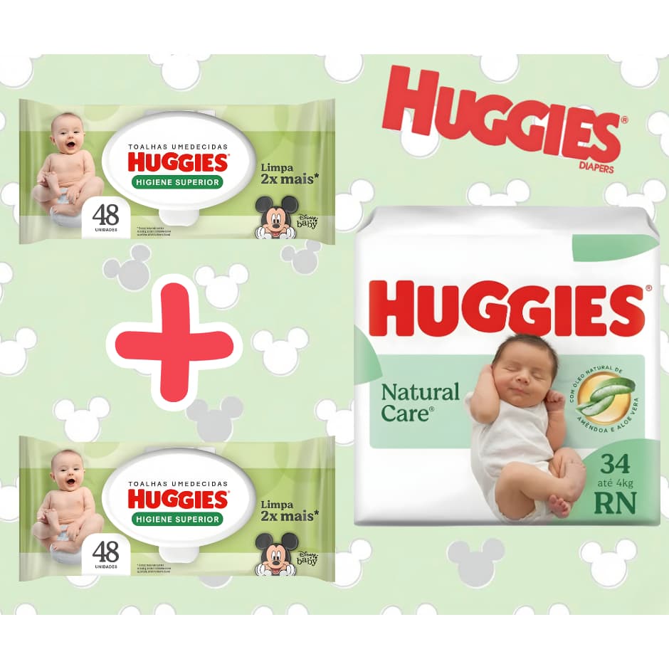 Kit Huggies: Fralda Recém Nascido 34un + 96 Lenços Recém Nascido - Envio Imediato
