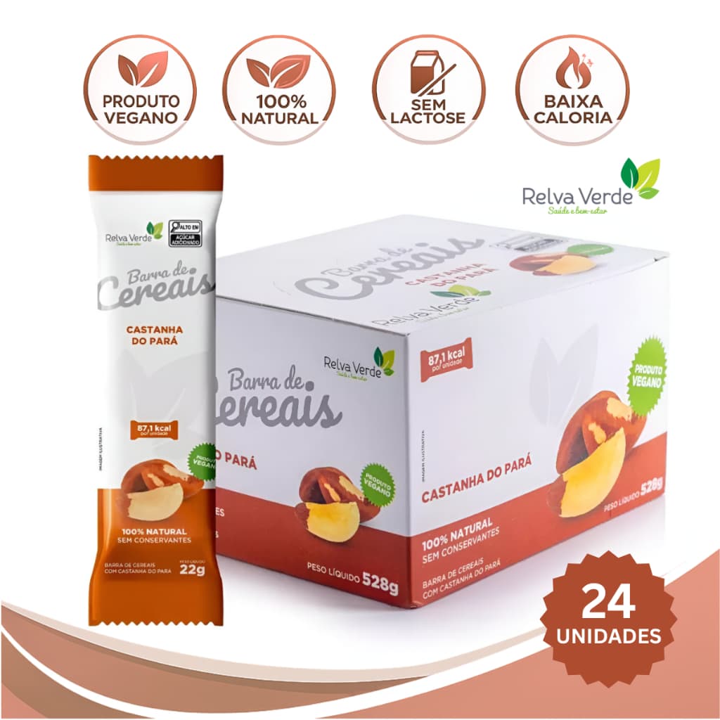 Caixa Barra de Cereal Vegana Castanha do Pará Barrinha de Cereal Natural Snack Saudável Relva Verde