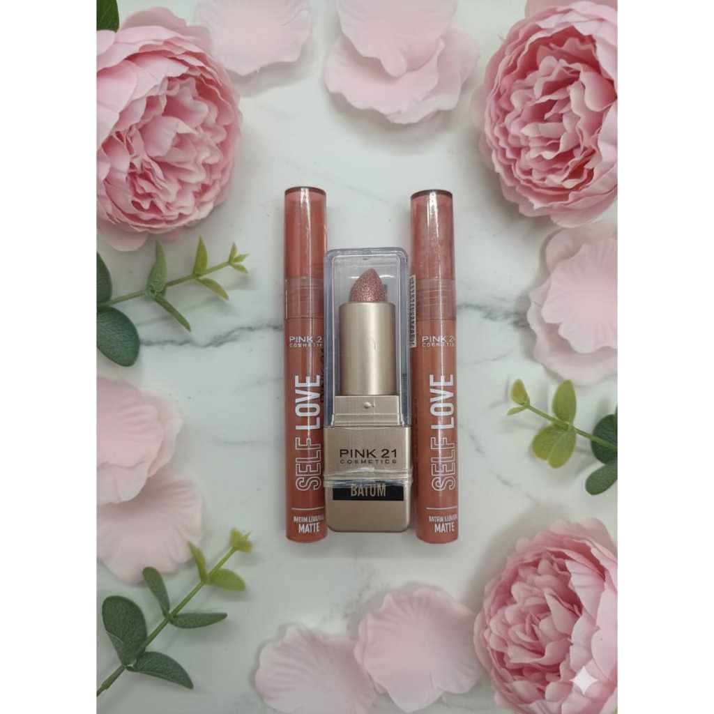Kit Labial Pink 21: Batom Líquido Matte Self Love + Batom Bastão com Glitter