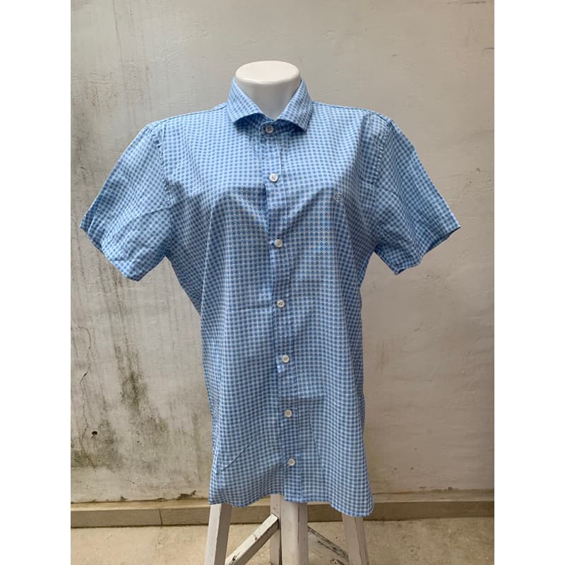 Camisa Social Slim Azul Estampada Manga Curta – Tam Slim Fit 3 (M/G)