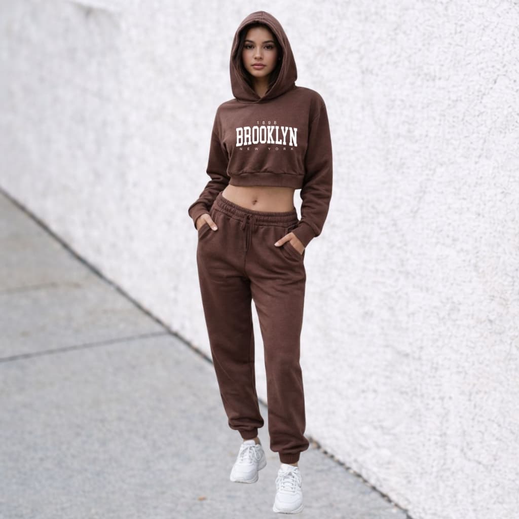Conjunto Moletom Feminino Estampado Calça + Blusa Cropped Touca, Brooklyn