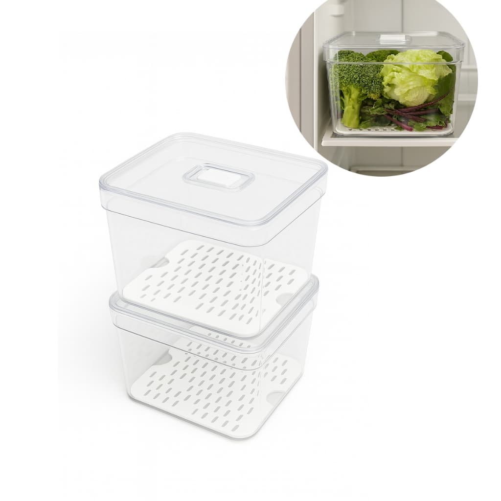 Kit Organizador de Geladeira 3,8 L Bandeja Drenagem Com Tampa Multiuso Alimentos Verduras Vegetais