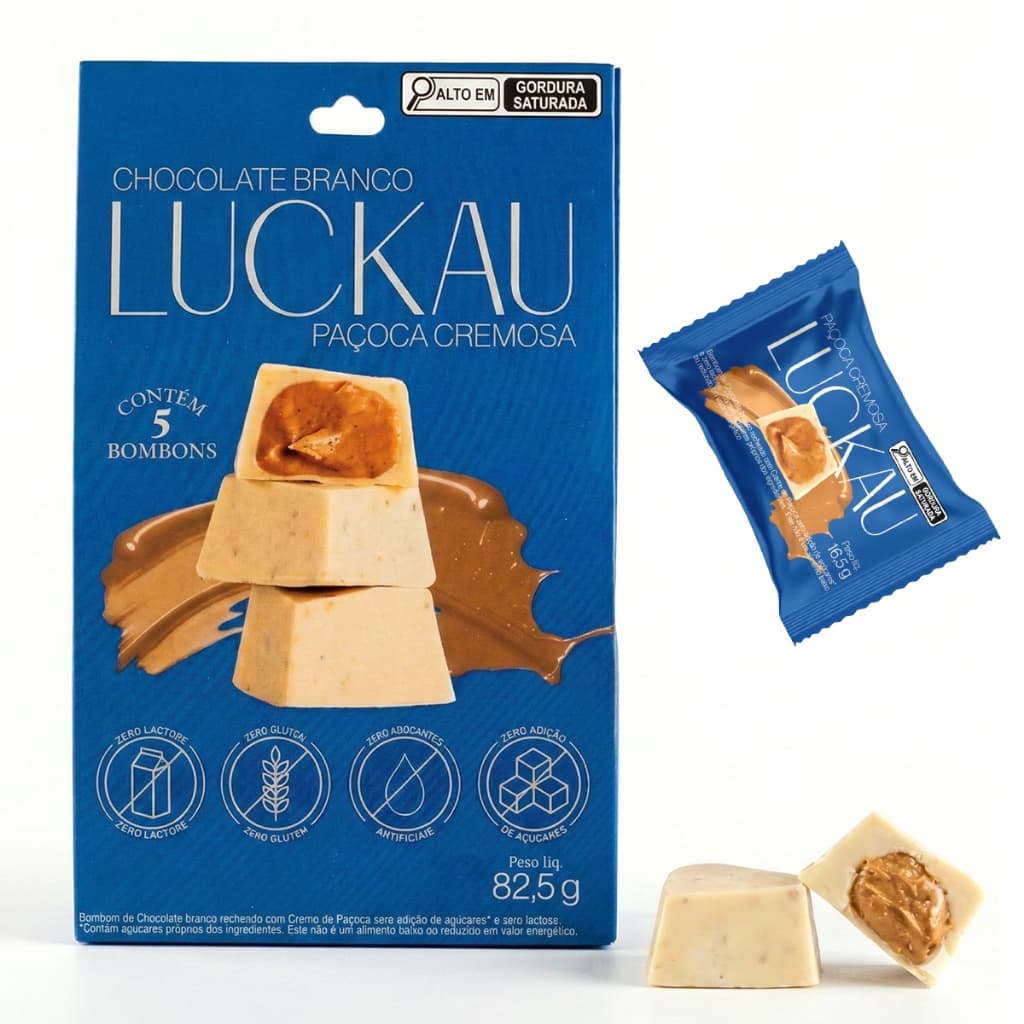 Bombom Branco com Creme de Paçoca Cremosa Saudável Cx Pouch Luckau Zero Açucar Sem Lactose e Glúten
