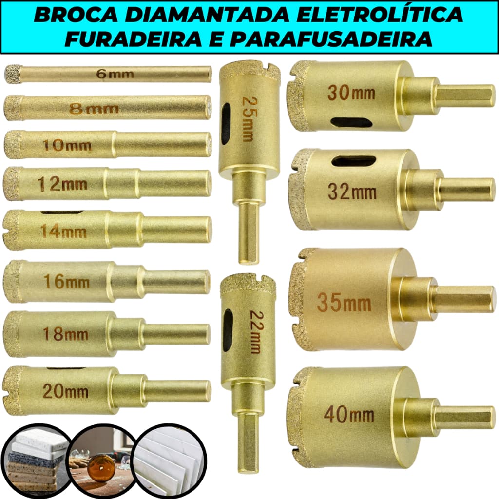 Broca Diamantada 6mm a 65mm Furadeira Parafusadeira Furar Vidro Porcelanato Mármore Cerâmica Pisos