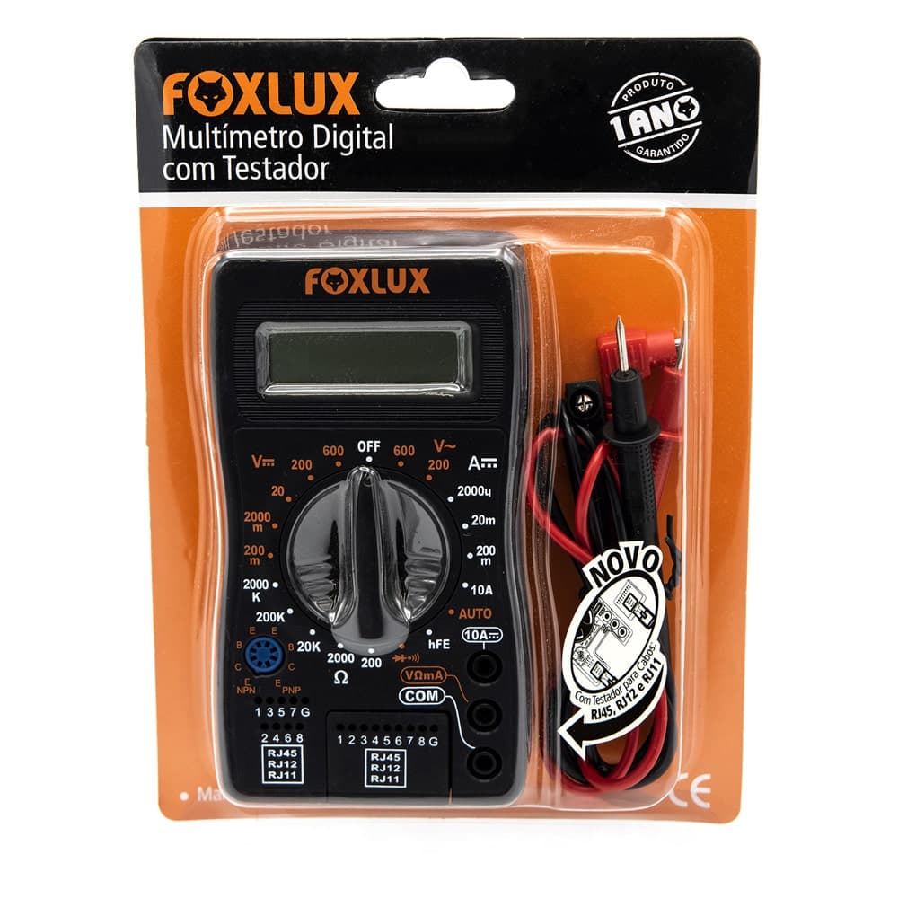 Multímetro Digital, C/Testador RJ45 , Medidor de Tensão Continua , Alternada e Resistência - Foxlux