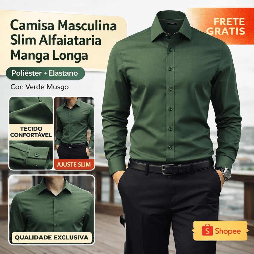 Camisa Masculina Slim Alfaiataria Manga Longa Verde Musgo Poliéster com Elastano Social Casual