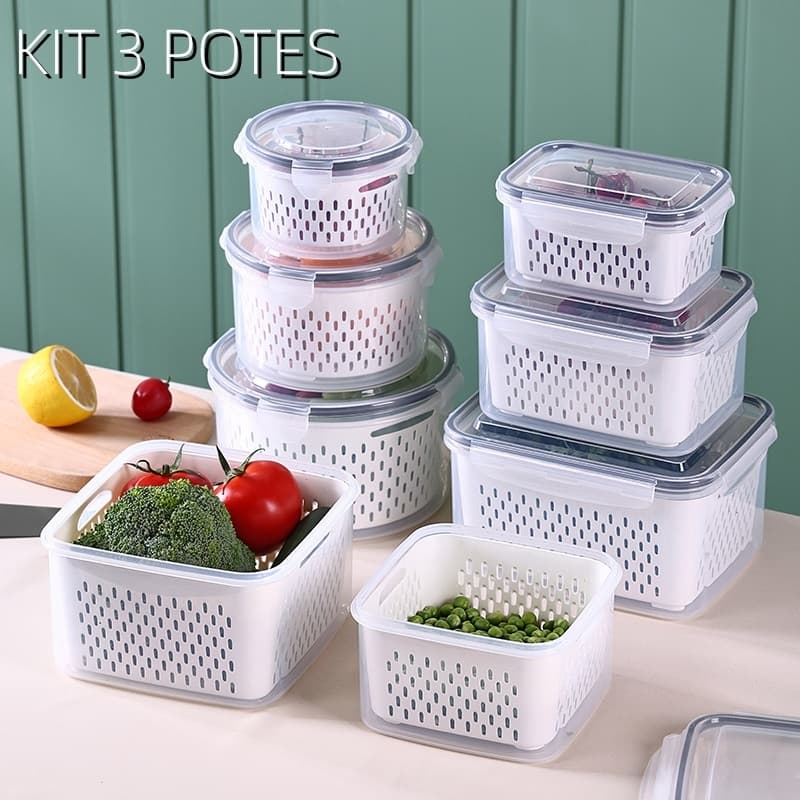 KIT 3 Potes Cesta De Alimentos De Drenagem Organizador Com Tampa De Geladeira Multiuso Para Cozinha