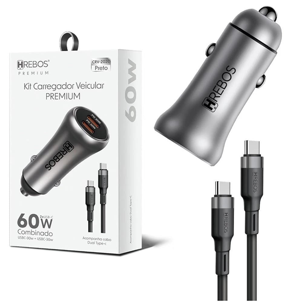 Carregador Veicular Turbo 60W Hrebos Premium com Cabo USB-C Duplo – Super Rápido e Potente