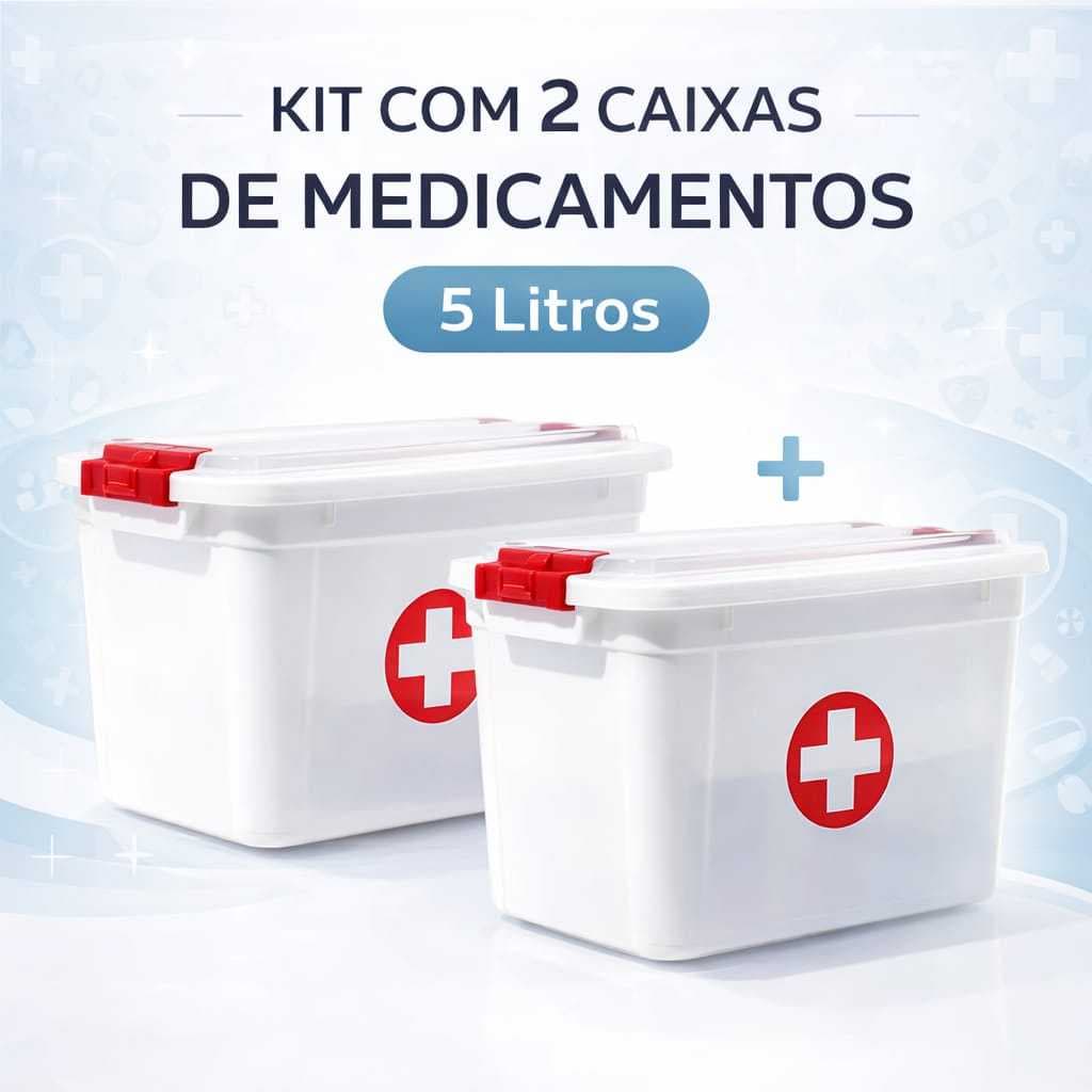 Kit Com 2 Potes Primeiros Socorros 5 Litros Caixa Para Medicamentos Organização Com Tampa Segura Duas Travas Pratico