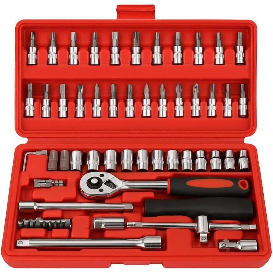 Kit Chaves Jogo Catraca Reversível Soquetes 46 Peças Maleta Vermelho