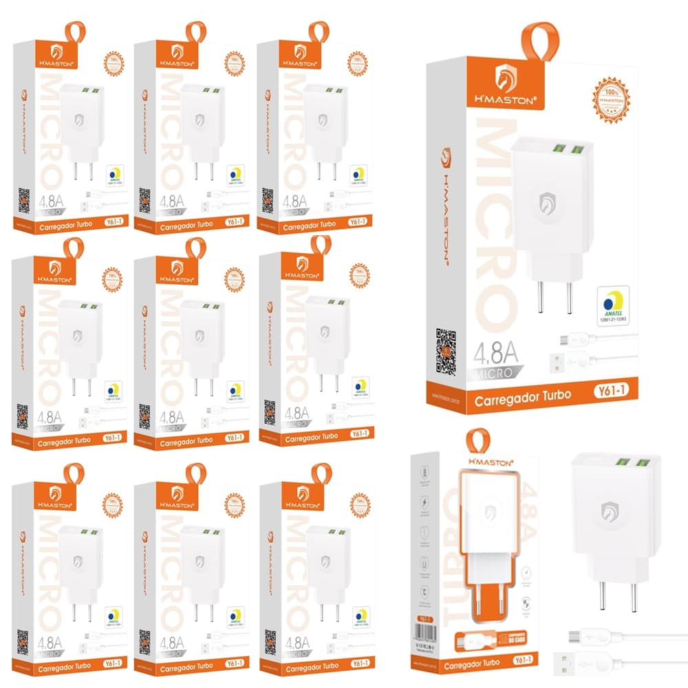 Kit 10 Carregador Rápido 2 Usb 4.8A Com Cabo Micro-usb V8 / iPhone / Type-C Hmaston