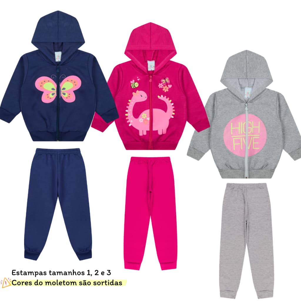 Kit Sortido 6 Peças Moletom Infantil Menina Juvenil Feminino em Promoção com Zíper - 3 Jaquetas + 3 Calças Peluciada