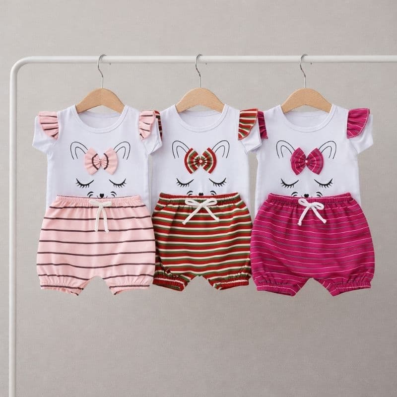Conjunto 2 peças Bebê Menina 3 a 12 Meses Algodão 100% Blusinha Estampada + Short Listrado | Roupa Infantil Confortável