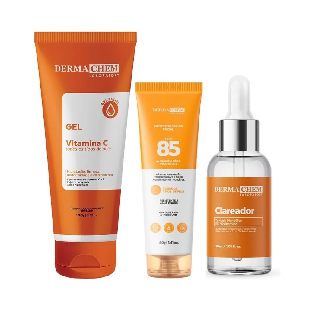 Dermachem Kit Serum Clareador Protetor Facial 85 FPS Gel Anti-Idade Vitamina C Clareamento Firmeza