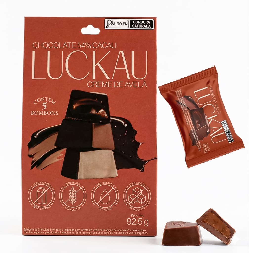 Pouch Bombom com Creme de Avelã Luckau 54% Sem Lactose Sem Glúten Sem Açúcar Sobremesa Saudável