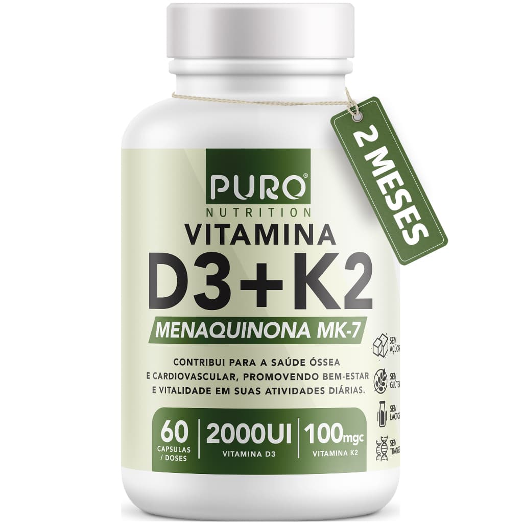 Vitamina D3 + K2 Puro Nutrition 2000 iu D3 com 100mcg de Vitamina K2 MK-7, 60 Cápsulas