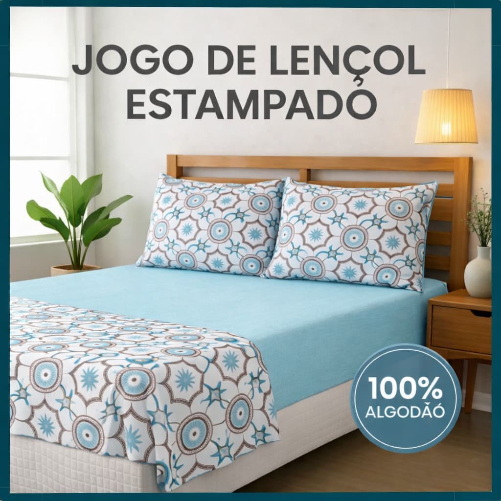 Jogo de Lençol Casal 100% Algodão com Elástico | 3 Peças (1 Lençol + 2 Fronhas) | Toque Macio e Confortável