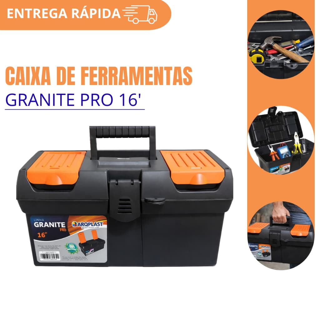 Maleta de Ferramentas Reforçada Plástica 16 Granite Pro Caixa Ferramentas Oficina Construição Obra