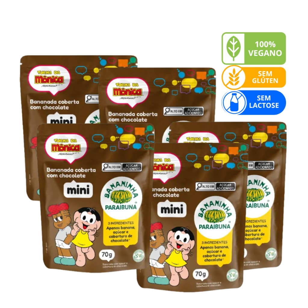 Kit 3 ou 5 Mini Bananinha Chocolate Vegano Turma da Mônica 70g - Lanche Infantil Saudável