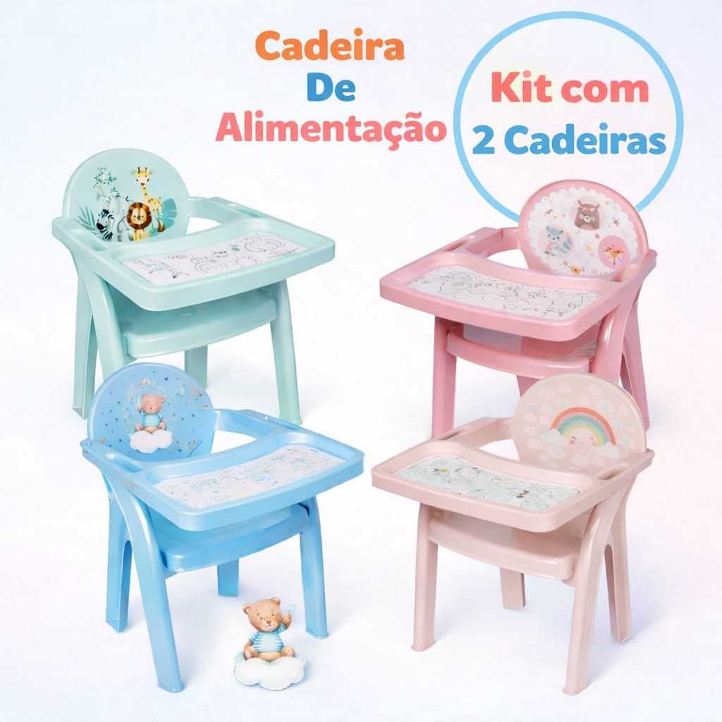 Kit Com 2 Cadeira Com Bandeja Para Colorir Infantil Bebê  Alimentação Poltrona