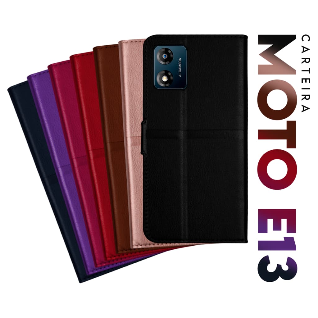Capa Case Capinha Carteira Flip Cover Couro Sintético PRETA Motorola Moto E13 Xt2345 tela 6.5 pol Cell in Power25