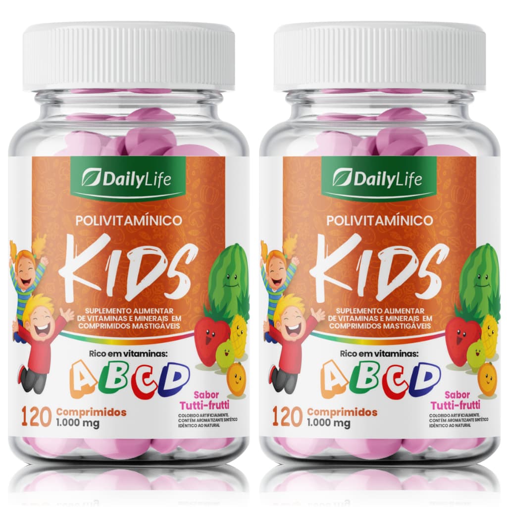 2x Polivitamínico Kids Mastigável com Vitaminas A B C D Suplemento Infantil para Crianças Daily Life