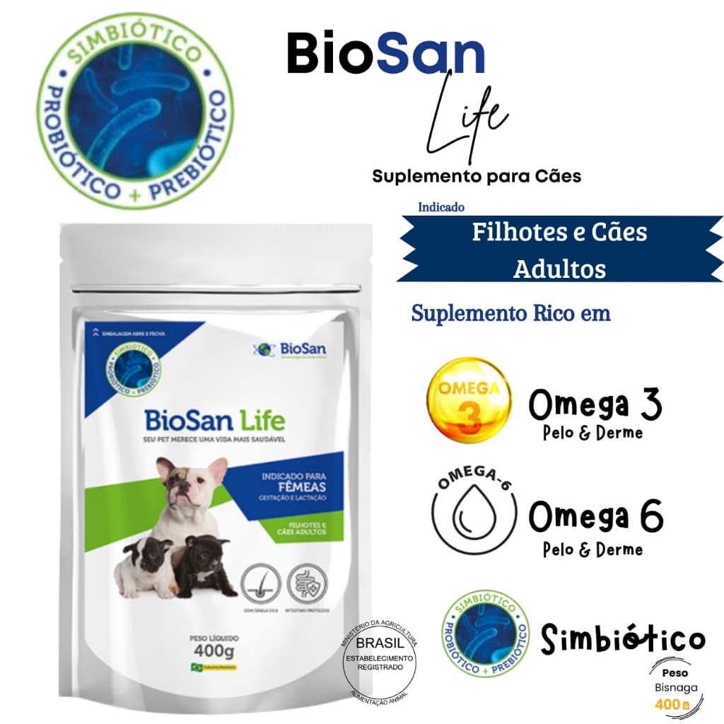 Suplemento para Cães Biosan Life 400g Vitamina Probiótico Pele e Pelagem Ômega 3 6