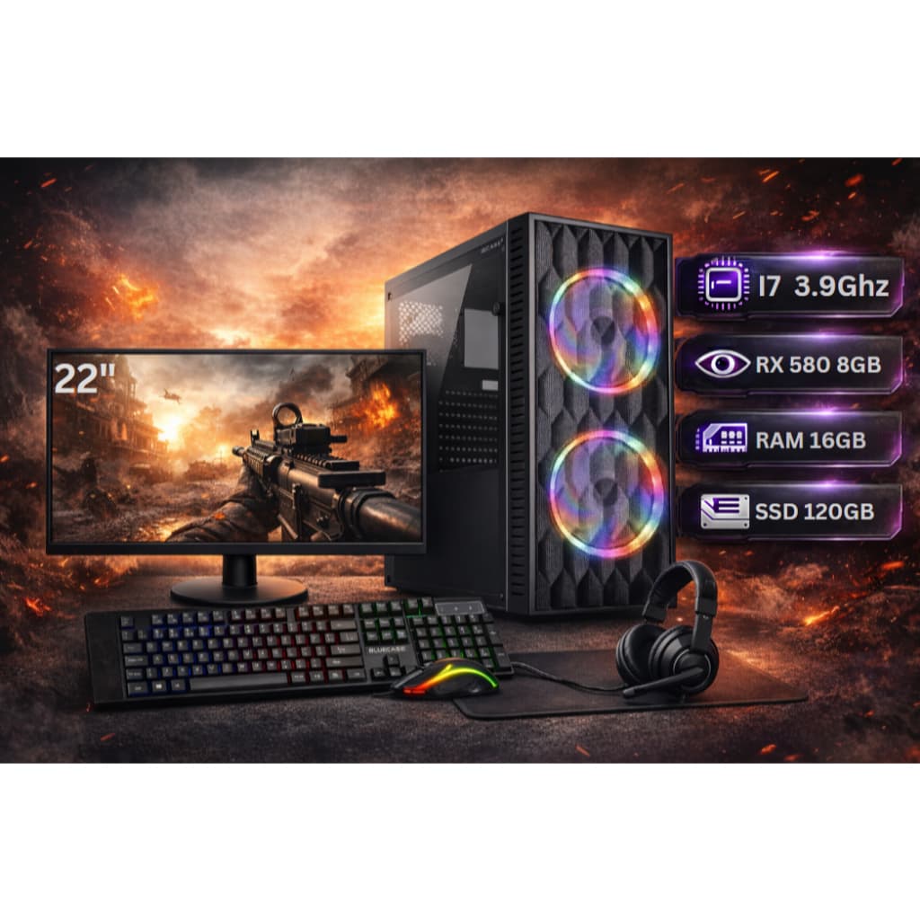 Computador Gamer Intel Core i7 + RX580 8GB + SSD 120GB  + 16GB de RAM + Monitor 22"