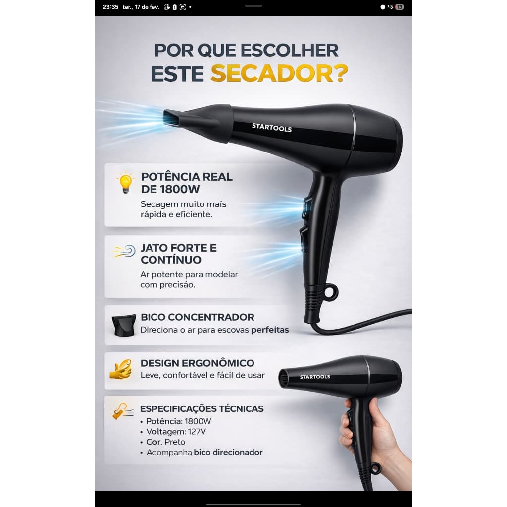 Secador Cabelo Profissional 1800w Alta Potencia Rapido Secado Tecnica Avancada Preto
