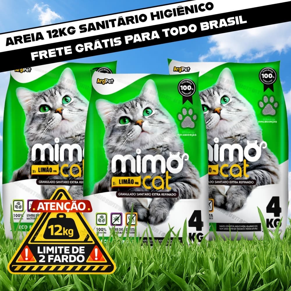 Areia Sanitária Higiênica Fardo de 2Kg a 12Kg Argila Natural para Gatos Grãos Médios Limão Mimo Cat