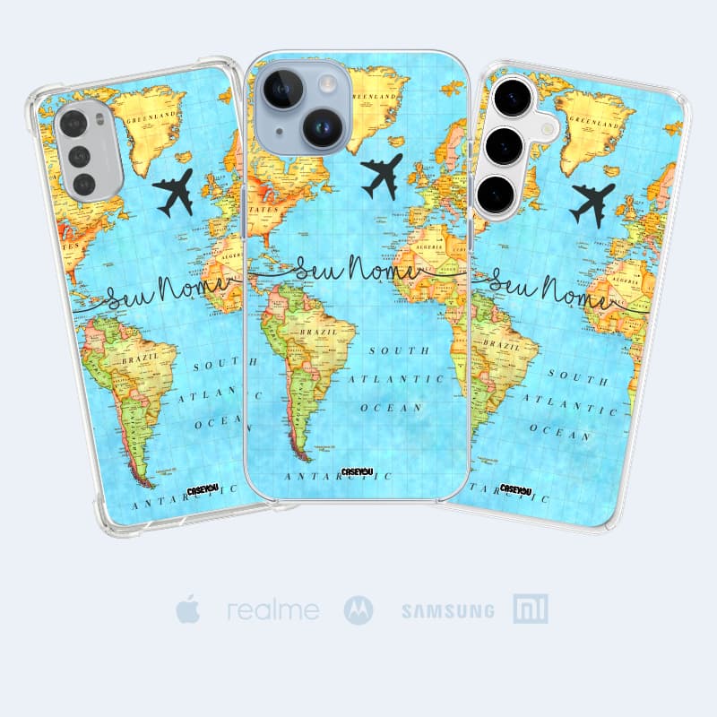 Capinha Celular Personalizada seu Nome Mapa Azul Wanderlust