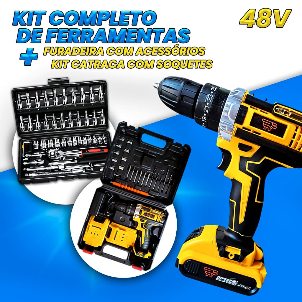 Kit Furadeira Parafusadeira 21V 2 Baterias + Jogo de Catraca 46 Peças 1/4 Soquetes Completo Maleta