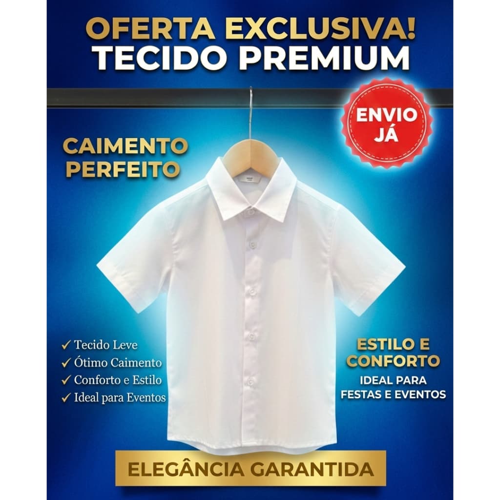 Camisa Social Branca Menino Manga Curta Eventos Sociais Slim Casamentos ENVIO JA