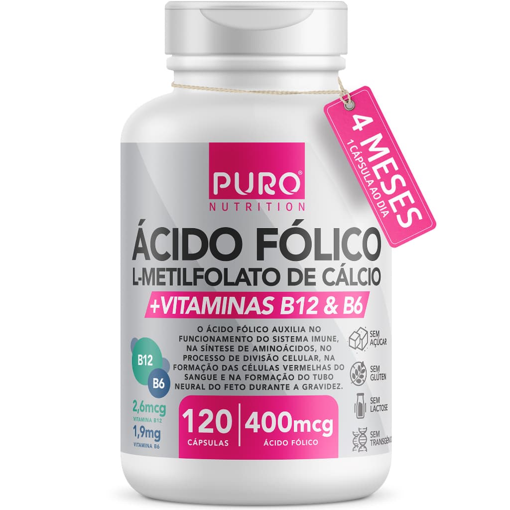 L-Metilfolato Ácido Fólico Puro Nutrition, 400 mcg de Ácido Fólico, Vitaminas B12 e B6, 120 Cápsulas